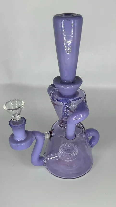 A purple glass bong with a clear base