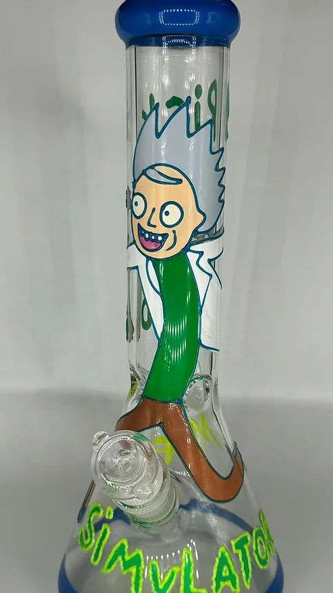 A glass water bottle with a cartoon character on it